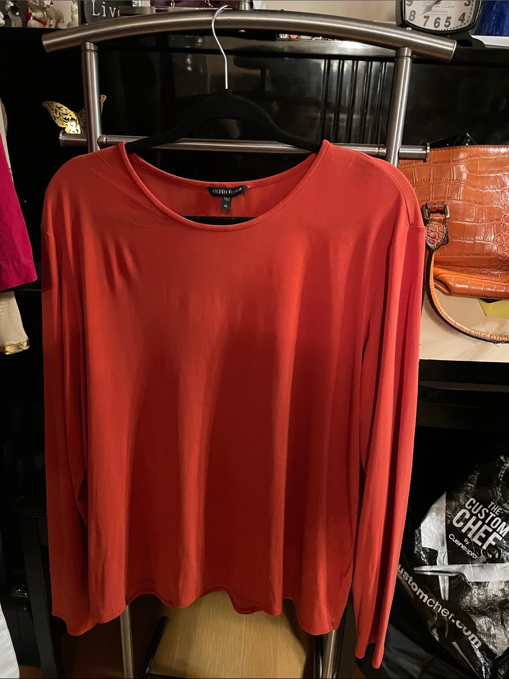 Eileen Fisher Silk Orange Long Sleeve Scoop Neck Top